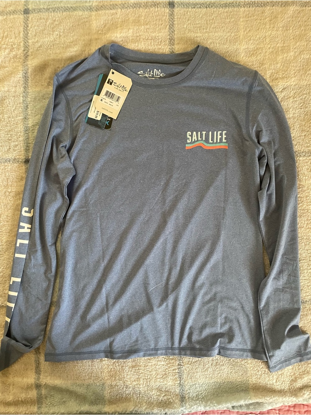 Salt Life Men's Long Sleeve Performance Tee in Heather Blue with Coral Accent